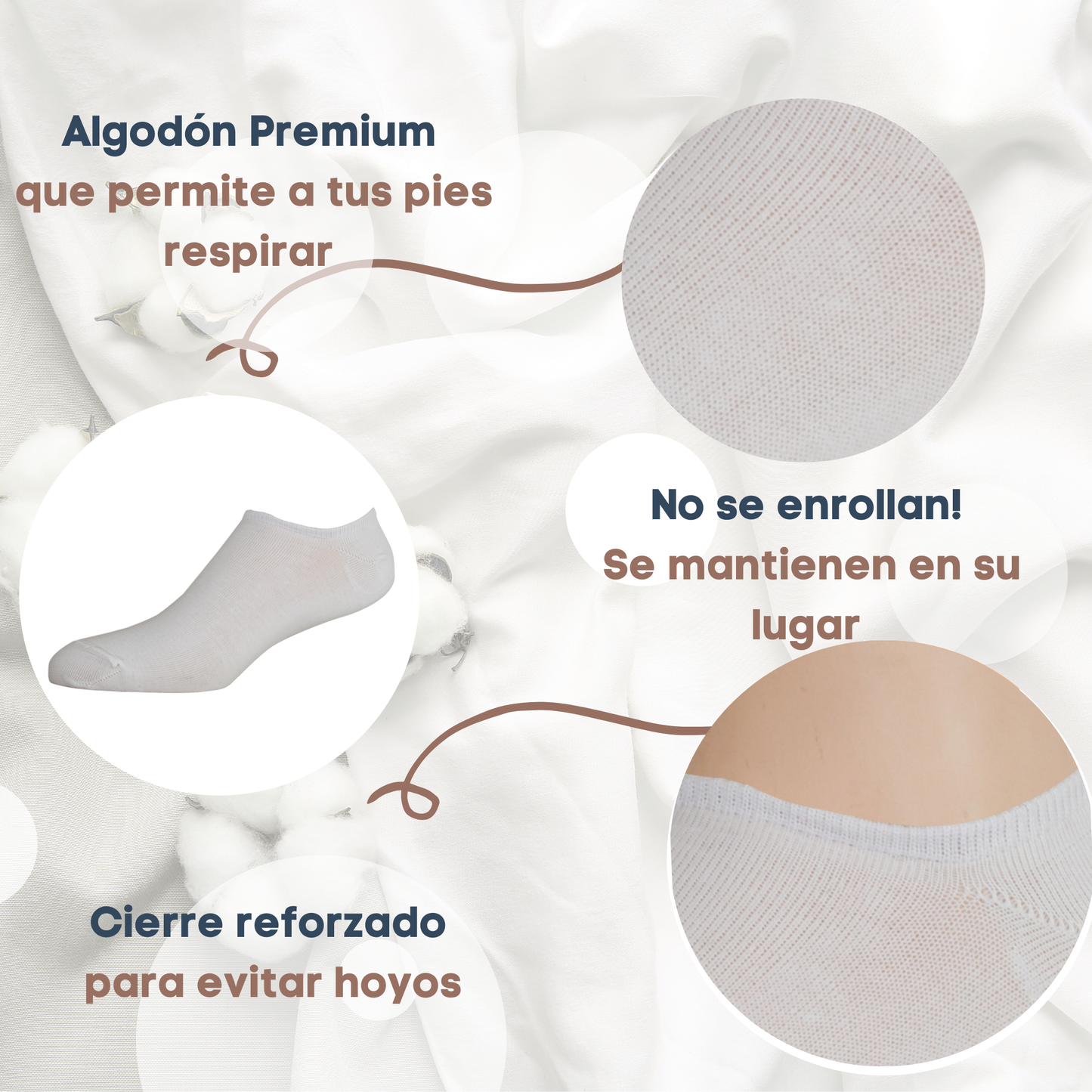 Tines cortos| sueves| no se enrollan| algodón | blancos| 6 pares